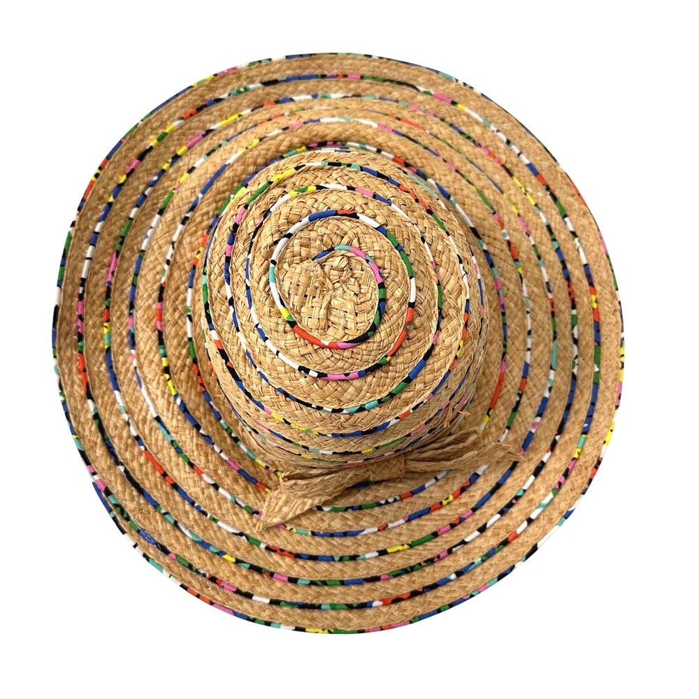 VTG Straw Sun Hat Wide Brim Boater Colorful Piping Bow Beach Summer Vacation